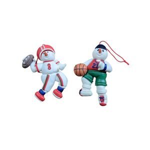 Clay Dough Christmas Holiday Ornaments Set of 2 Snowman Football/Basketball